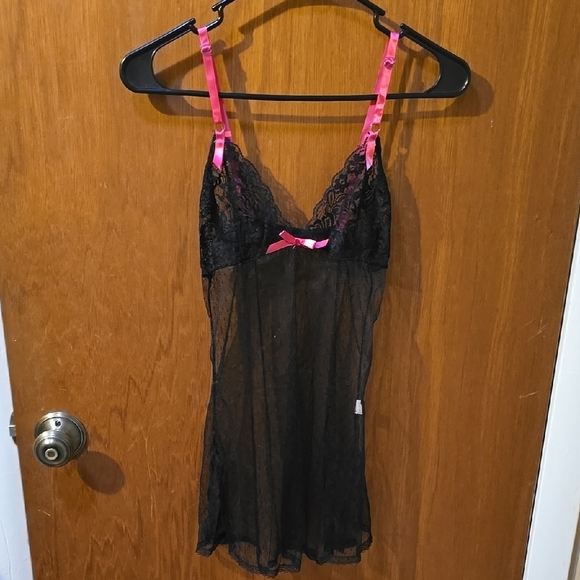 Black Sheer Babydoll Chemise Lingerie - Pink Strap & Bow Accents - Picture 1 of 2